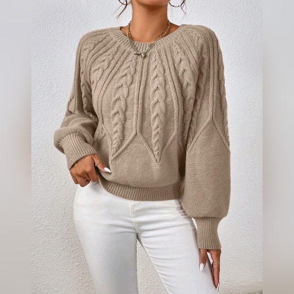 NEW Chic Textured Fair Isle Look Cable Knit Sweater Top Bishop Sleeve Beige - Picture 5 of 9